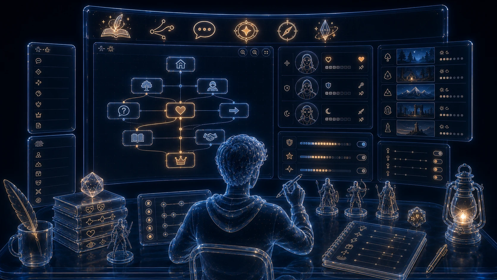Glowing panel for designing conversational adventures with map, characters, scenes, and variables