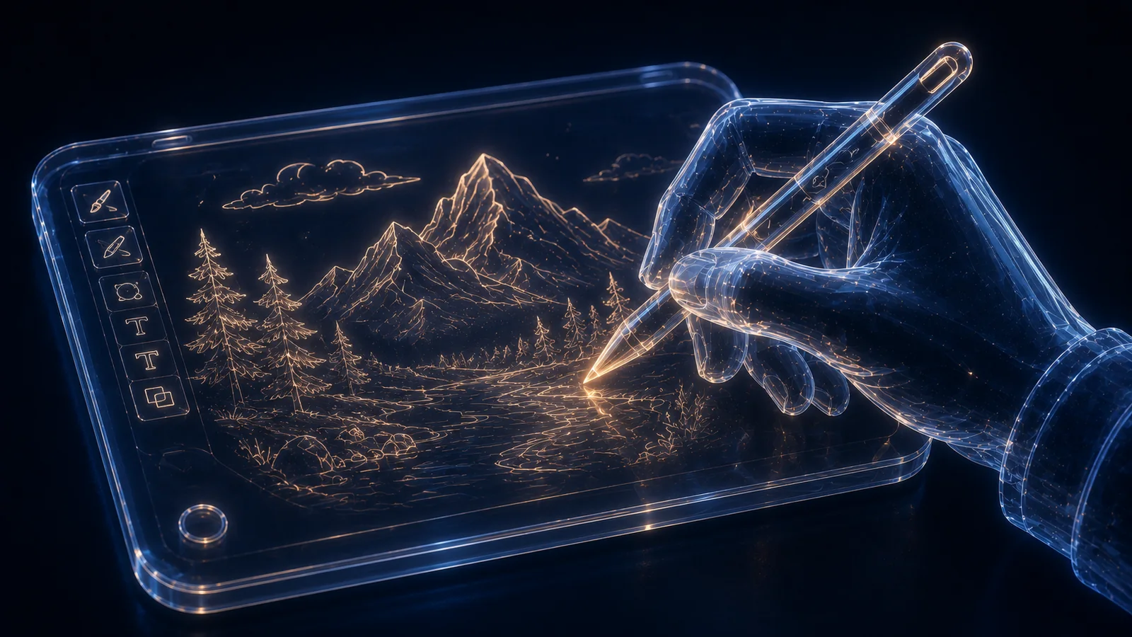Crystal hand drawing an adventure landscape on a glowing tablet